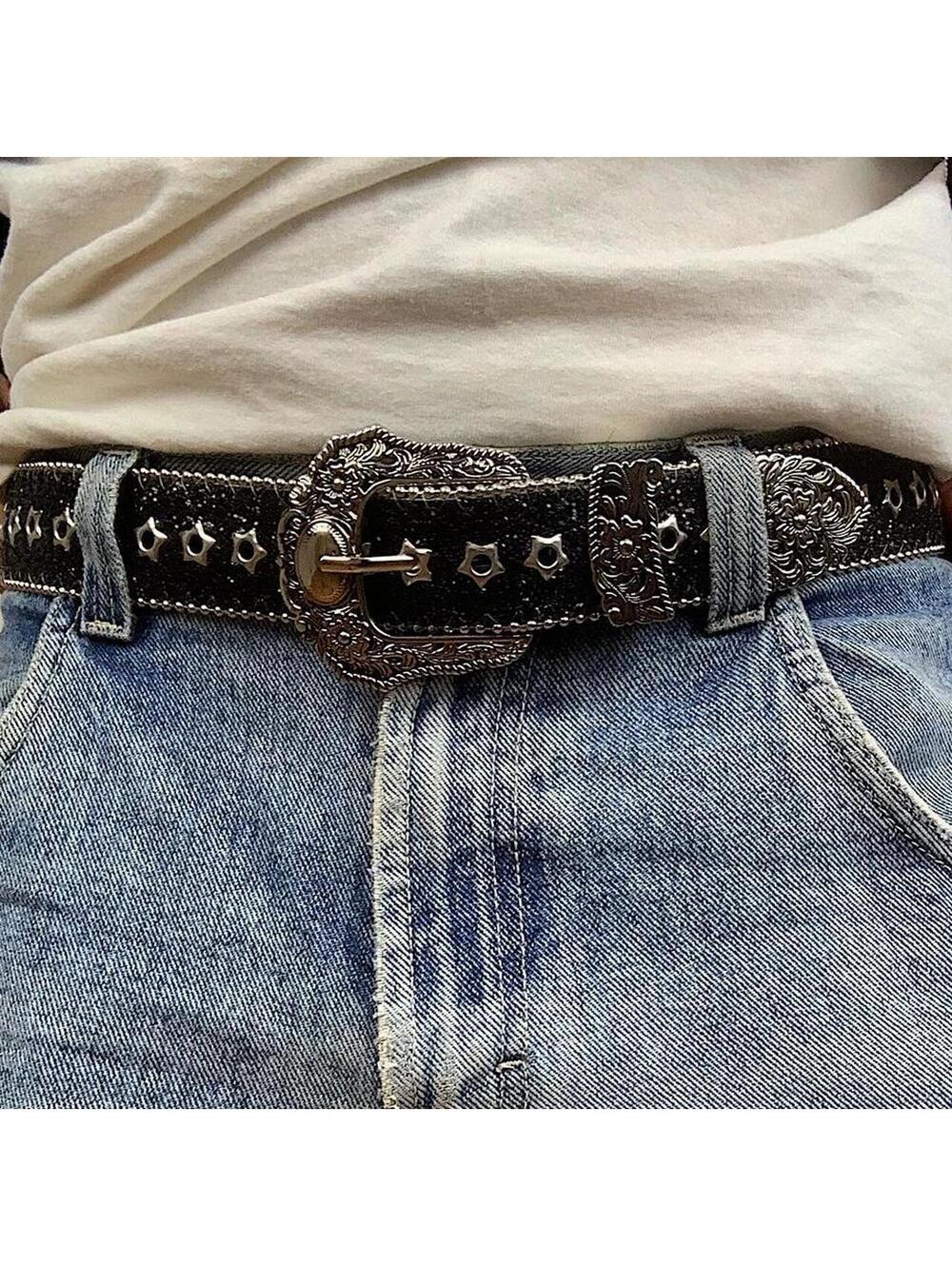 Y2k Style Studded Black and Silver 2-Tone Rhinestone belt. Cool grunge/punk - Picture 2 of 8